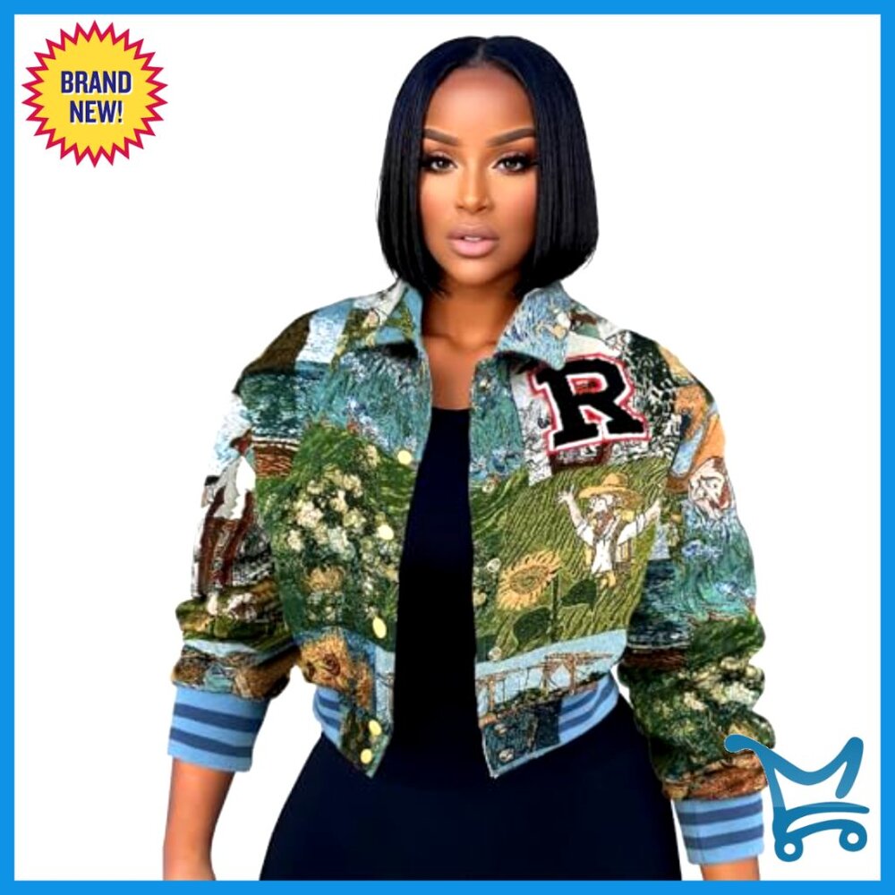Cropped Floral Bomber Jacket, Lightweight Polyester, Button Down, Casual - Picture 2 of 5